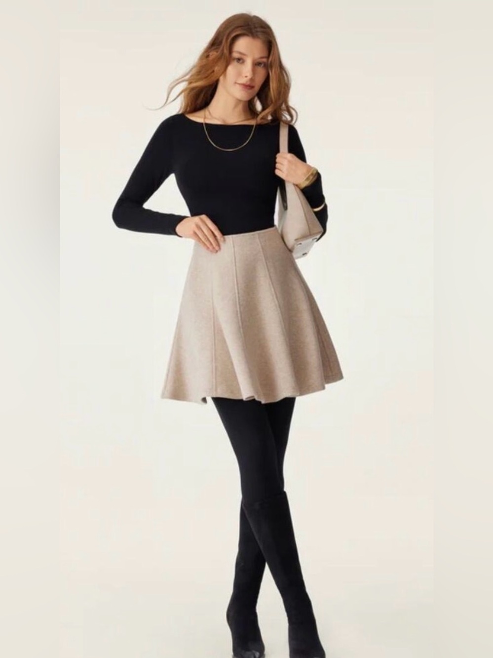 OGL CashSoft high waisted flared hem skirt Sz XS  Heather oatmeal New